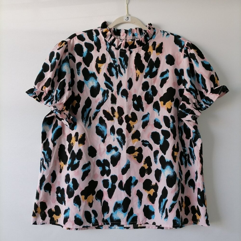 SHEIN Curve Lune Women's Pink Black Allover Print Mock Neck Blouse Top Size 1XL
